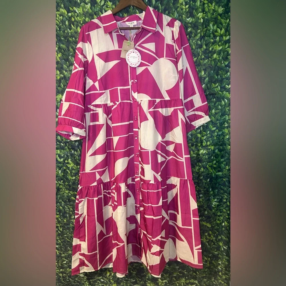 Umgee Magenta and Cream Geometric Maxi Shirt Dress - Picture 1 of 7